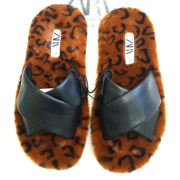 ZARA Leopard Faux Fur Slides NWT